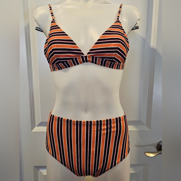 Daze Dayz SUNSET Orange Striped BIKINI SET Bralette High Waisted Bottom Medium - Picture 1 of 10